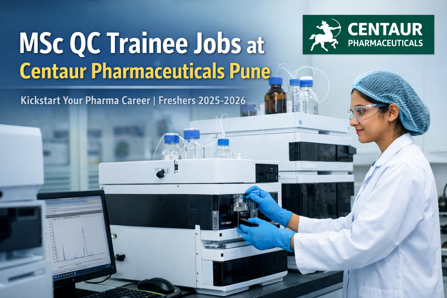 MSc chemistry fresher working on HPLC instrument in pharmaceutical quality control laboratory at Centaur Pharmaceuticals Pune