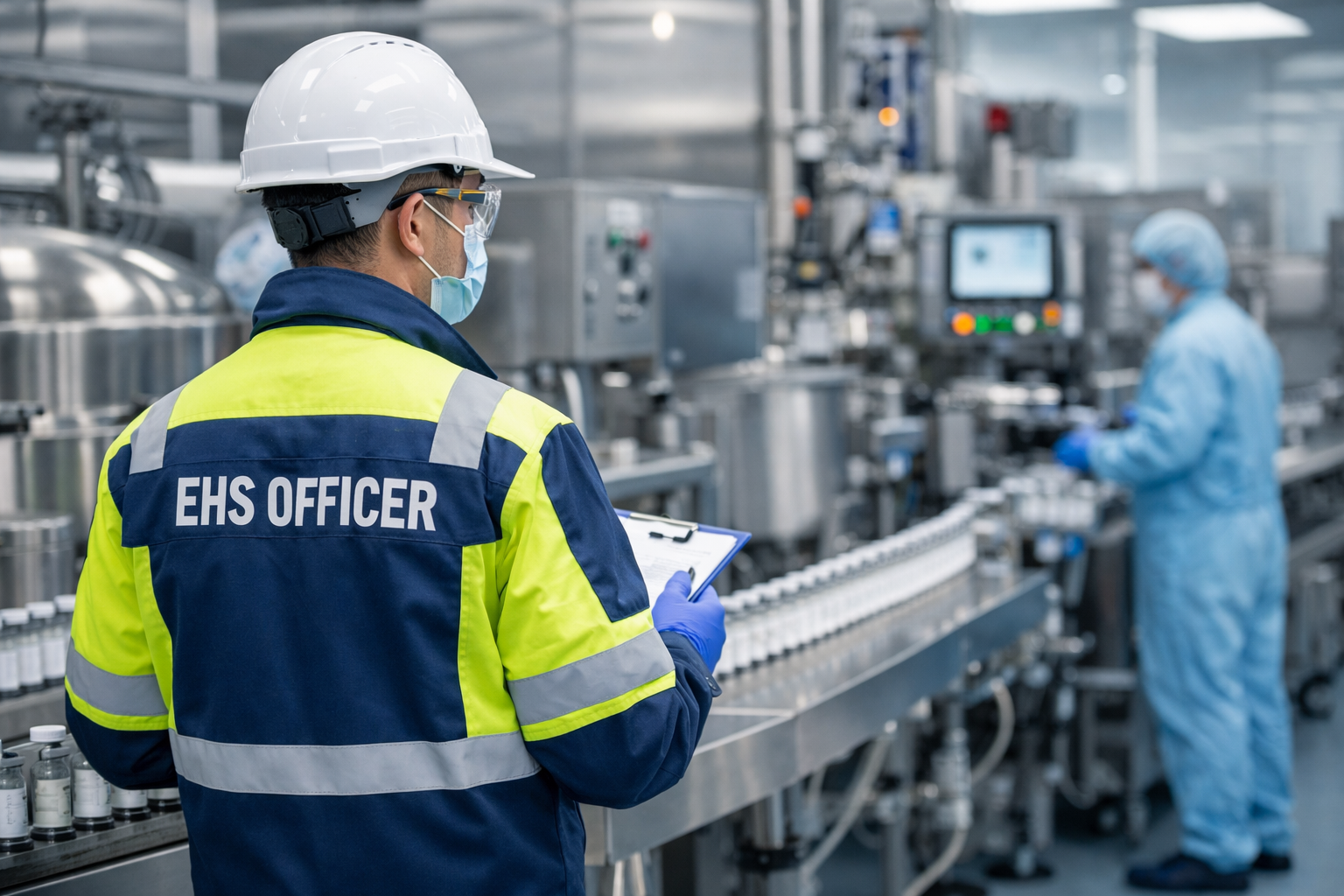 EHS Officer inspecting safety compliance in pharmaceutical manufacturing plant
