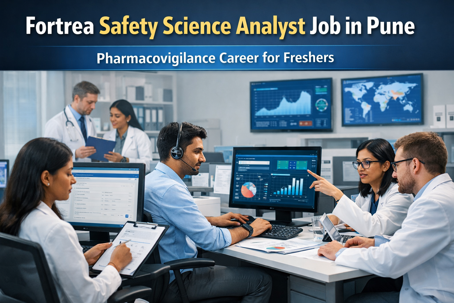 Pharmacovigilance professionals analyzing drug safety data for Safety Science Analyst role at Fortrea Pune