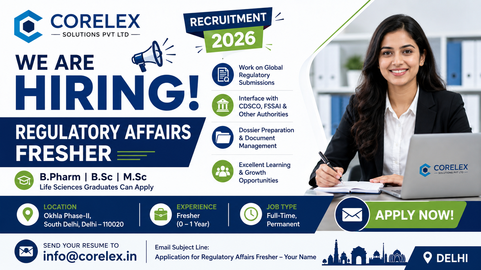 Corelex Solutions Recruitment 2026 hiring Regulatory Affairs Freshers in Delhi for B Pharm BSc and MSc Life Sciences graduates