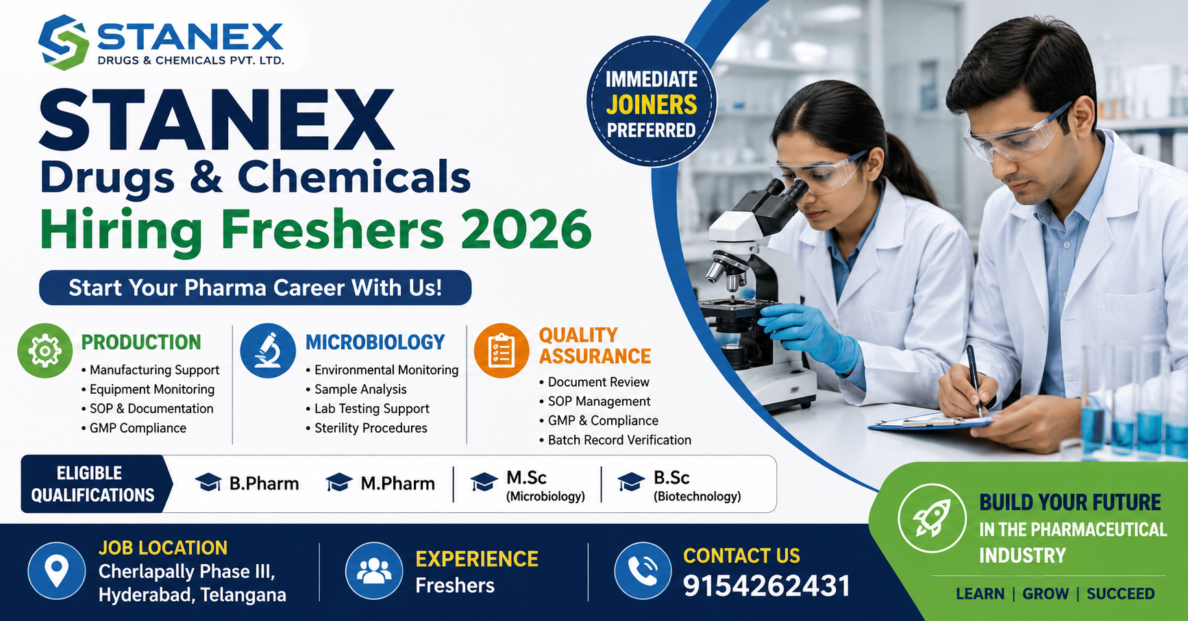 STANEX Drugs and Chemicals freshers hiring 2026 for Production Microbiology and Quality Assurance jobs in Hyderabad Telangana