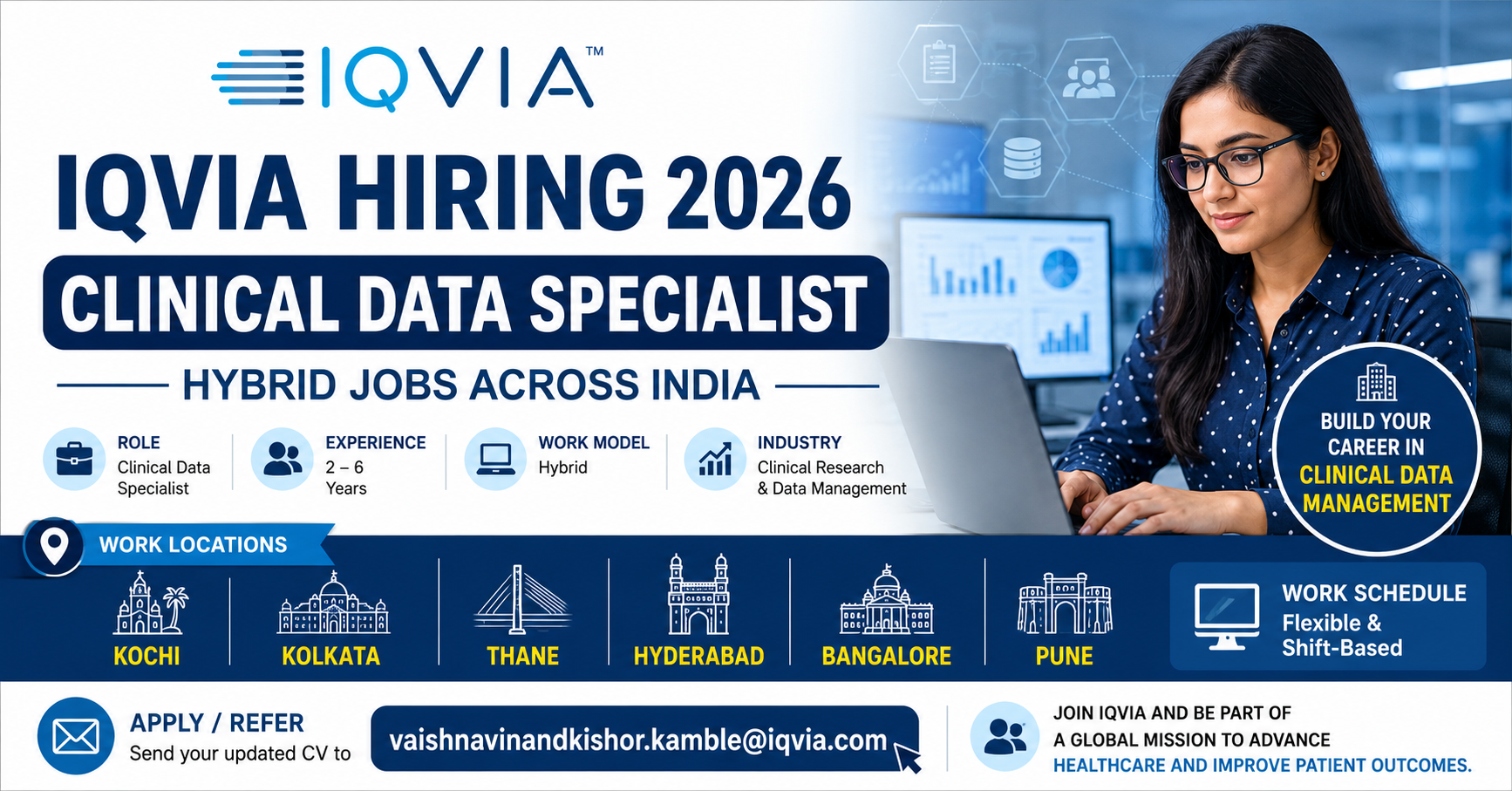 IQVIA Clinical Data Specialist Hiring 2026 for hybrid clinical data management jobs in Pune Bangalore Hyderabad Kochi Kolkata and Thane