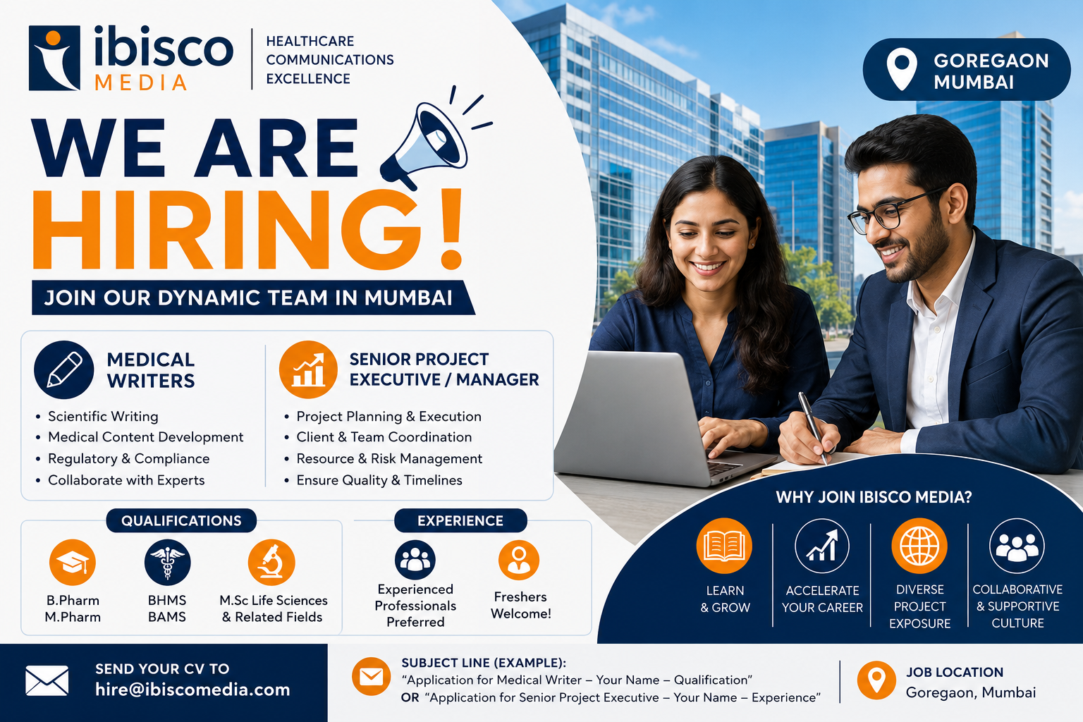 "Ibisco Media hiring Medical Writers and Senior Project Executives/Managers in Goregaon, Mumbai. Recruitment opportunity for B.Pharm, M.Pharm, BHMS, BAMS, M.Sc Life Sciences graduates, freshers and experienced healthcare professionals."