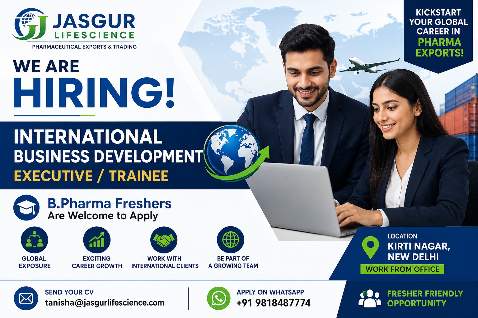 Jasgur Lifescience hiring B.Pharm freshers for International Business Development Executive jobs in New Delhi 2026