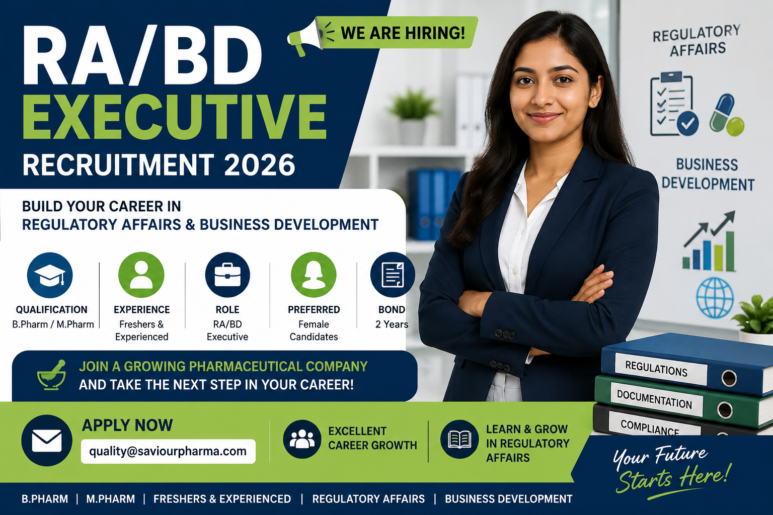RA/BD Executive Recruitment 2026 for B.Pharm and M.Pharm Freshers and Experienced Candidates in Regulatory Affairs and Business Development