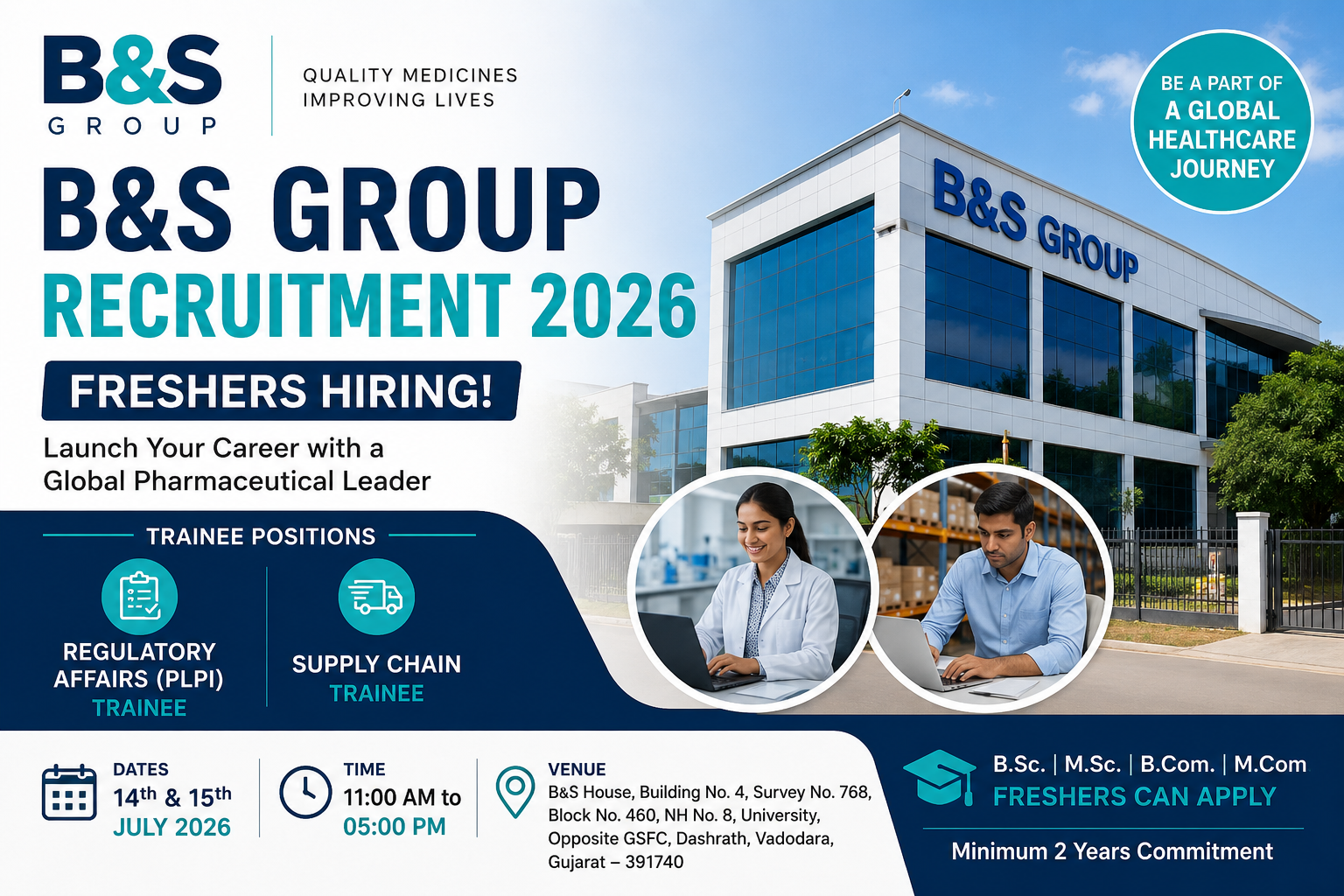 B&S Group Recruitment 2026 for Freshers in Vadodara – Regulatory Affairs and Supply Chain Trainee Jobs