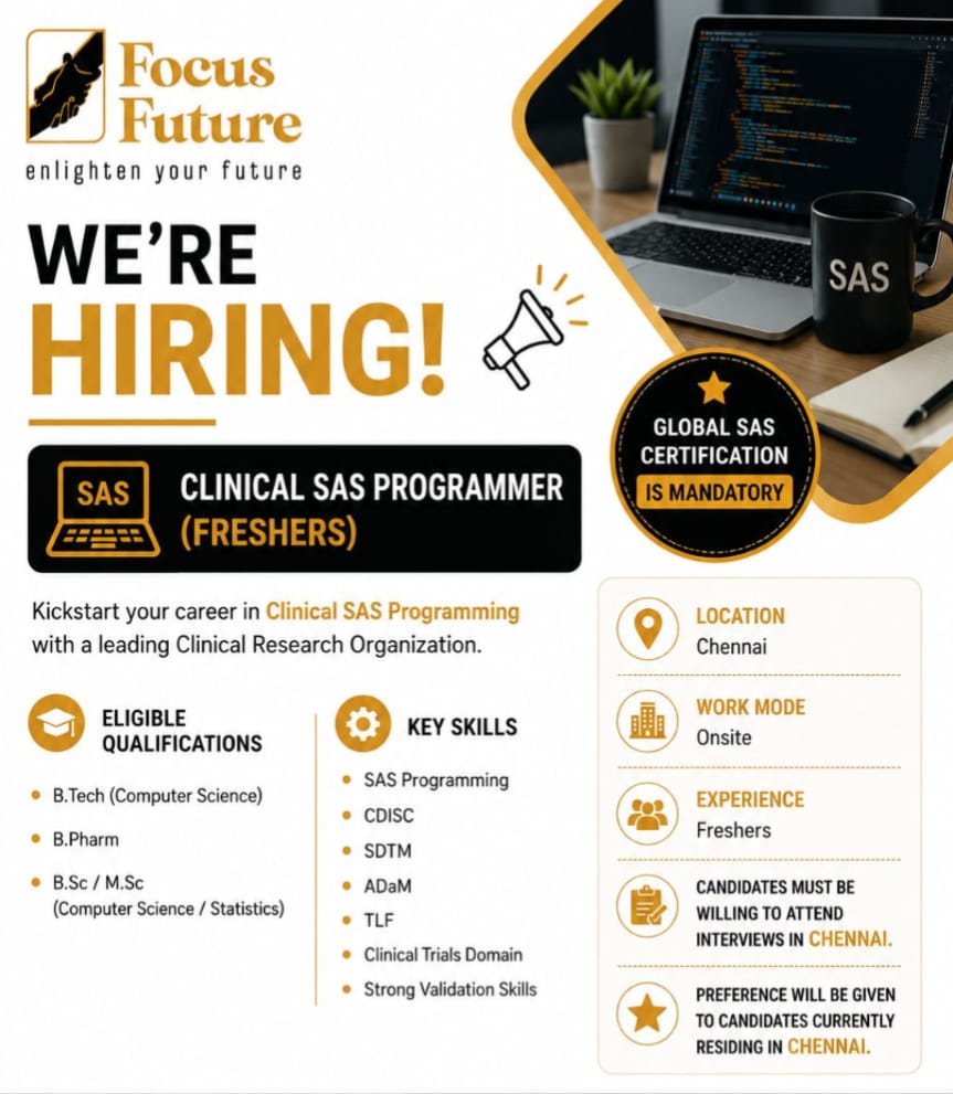 Clinical SAS Programmer Fresher Jobs in Chennai 2026 for SAS Certified Freshers