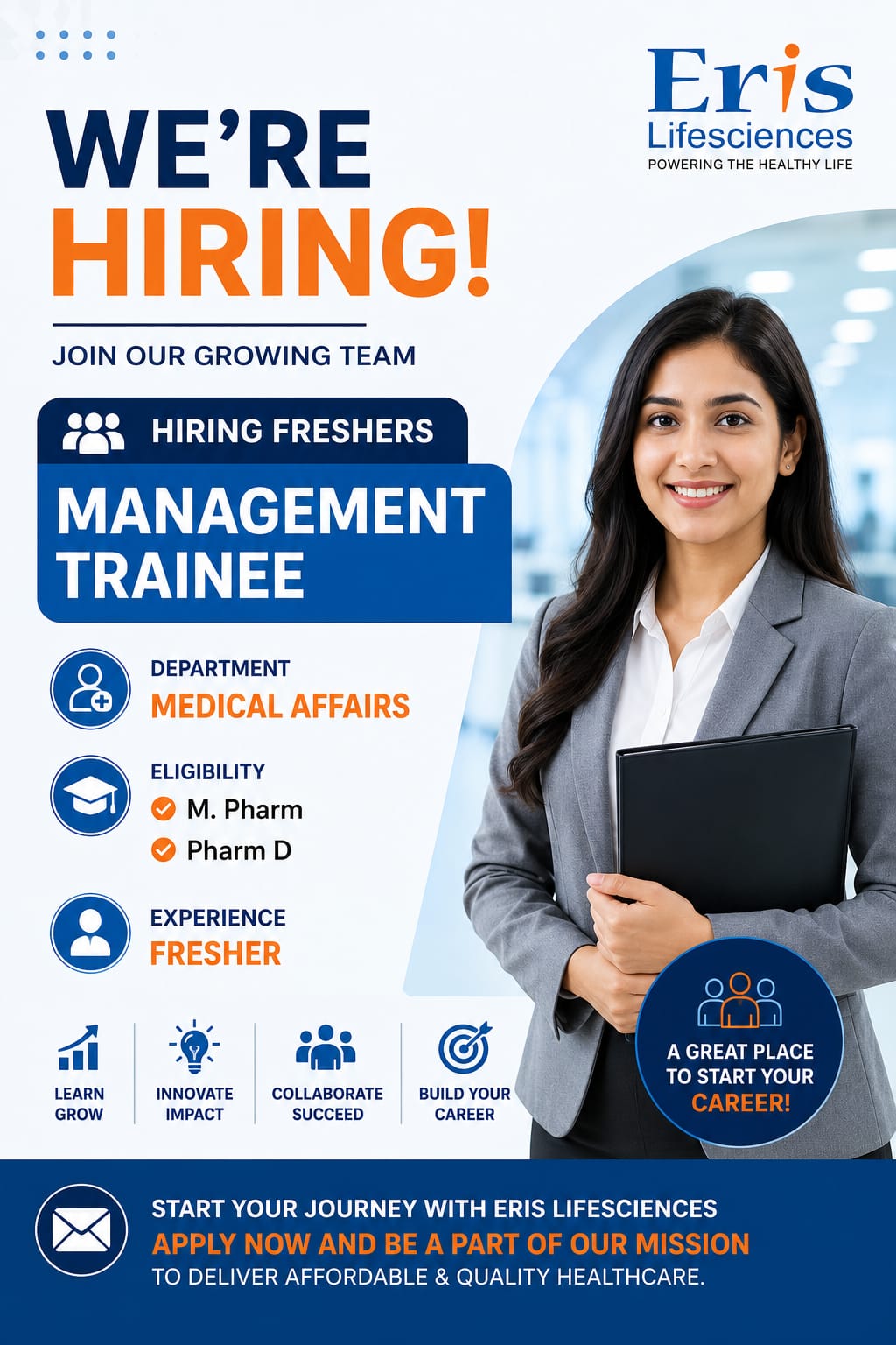 Eris Lifesciences hiring Management Trainee Medical Affairs freshers in Ahmedabad for M.Pharm and Pharm.D graduates.