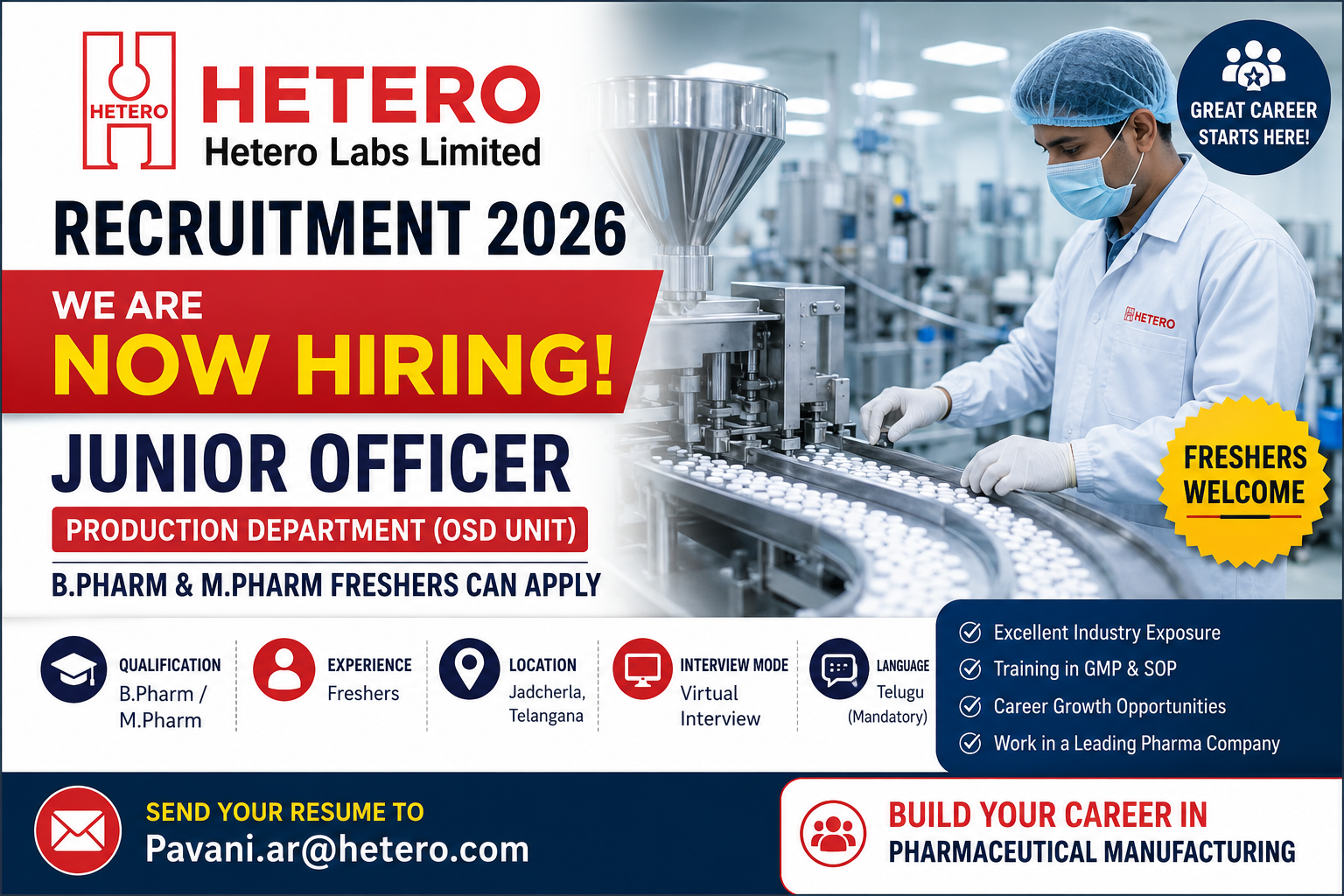 Hetero Labs Recruitment 2026 hiring B.Pharm and M.Pharm freshers for Junior Officer Production jobs through virtual interview.