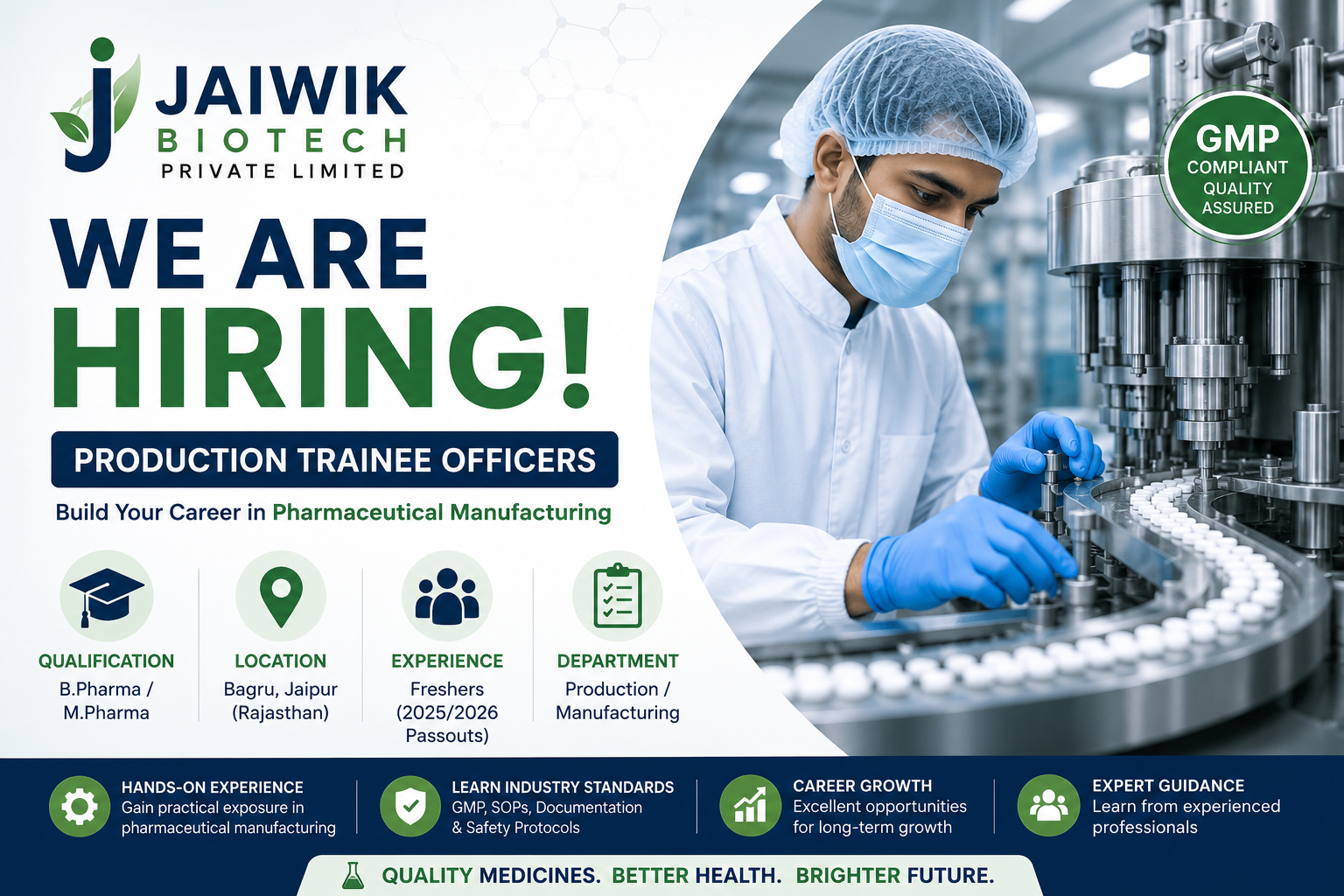 Jaiwik Biotech Production Trainee Officer Recruitment 2026 for B.Pharm and M.Pharm Freshers in Jaipur Rajasthan