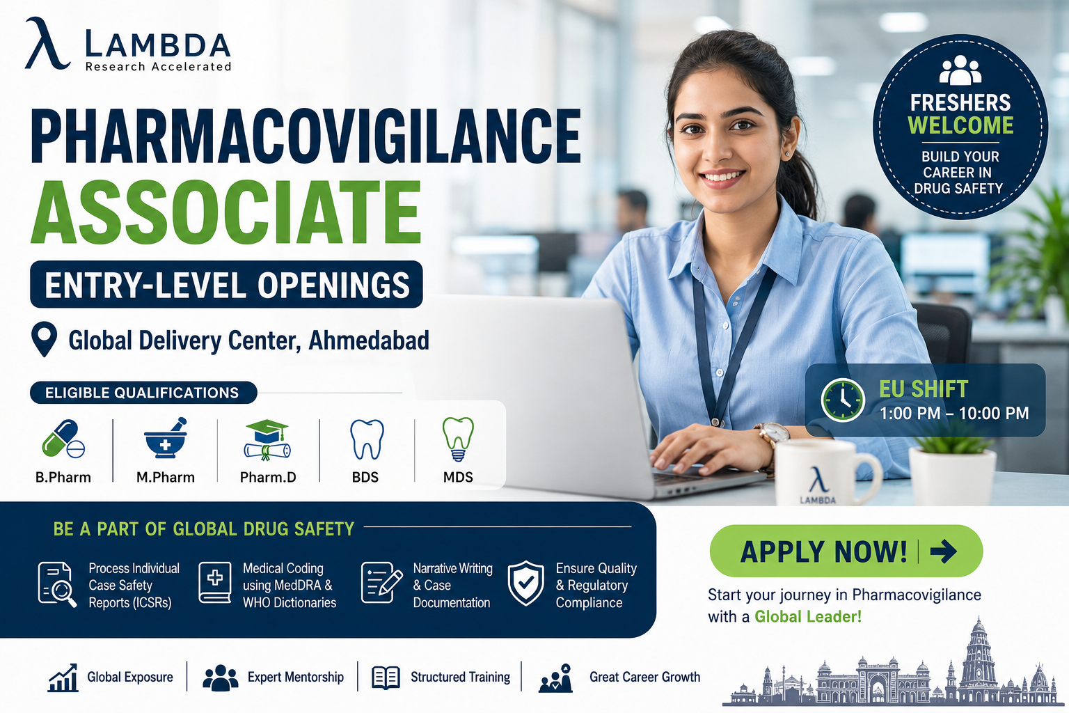 Lambda Global Delivery Center hiring Entry-Level Pharmacovigilance Associates in Ahmedabad for B.Pharm, M.Pharm, Pharm.D, BDS, and MDS freshers.