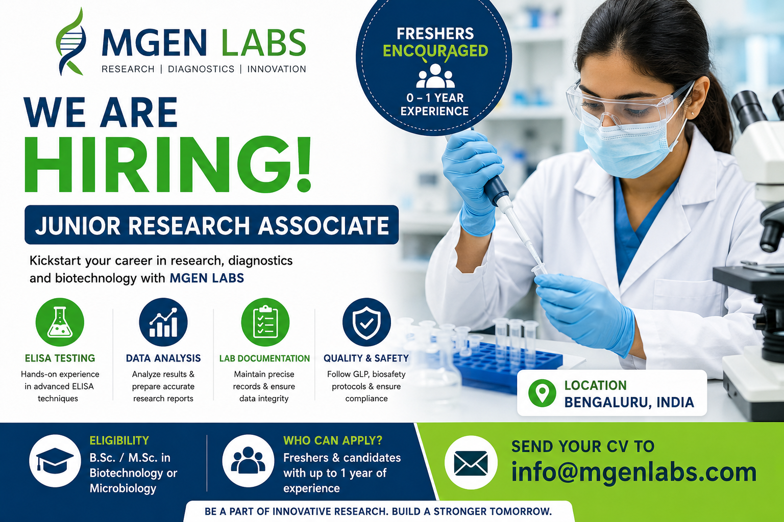 MGEN LABS Recruitment 2026 hiring Junior Research Associate for B.Sc. and M.Sc. Biotechnology and Microbiology freshers in Bengaluru.