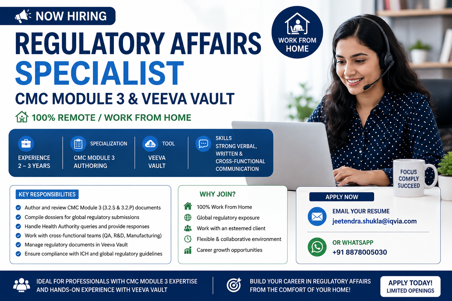 Regulatory Affairs Specialist Remote Job 2026 Work From Home with CMC Module 3 and Veeva Vault