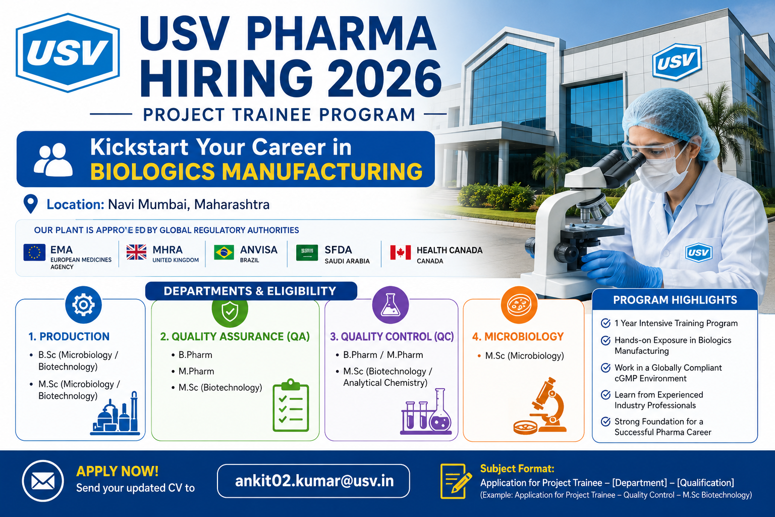 USV Pharma Hiring 2026 Project Trainee Jobs for Freshers at Biologics Manufacturing Plant in Navi Mumbai