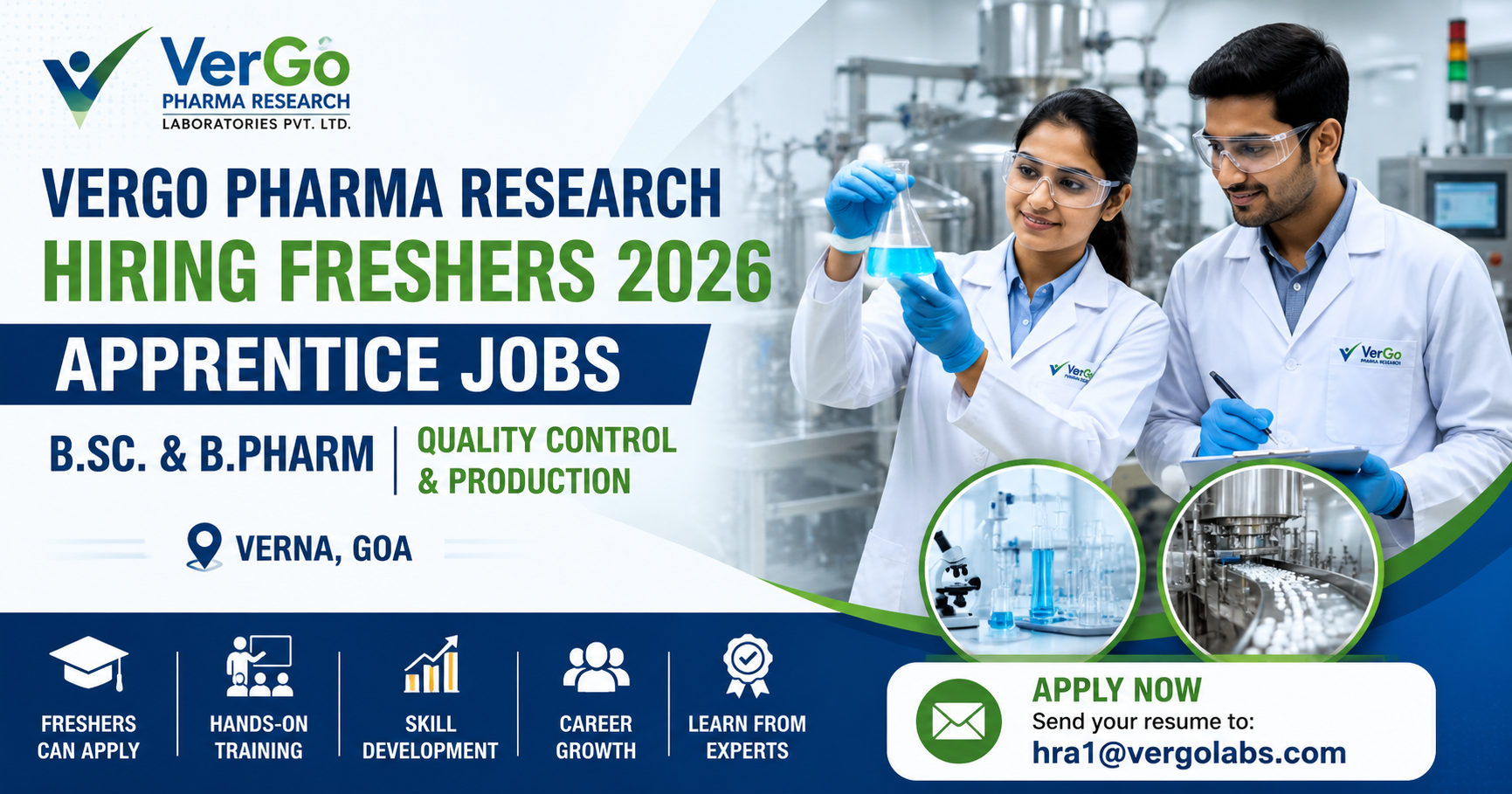 VerGo Pharma Research Hiring Freshers 2026 for Apprentice positions in Quality Control and Production for B.Sc. and B.Pharm graduates at Verna, Goa