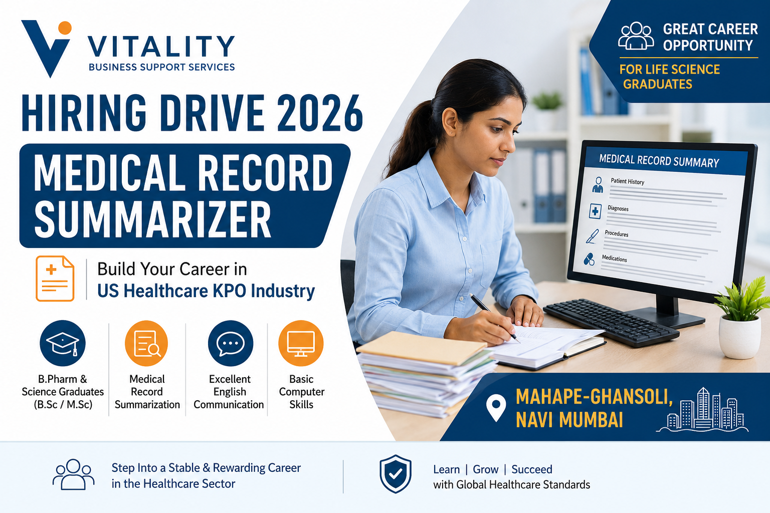 Vitality Business Support Services Medical Record Summarizer Recruitment 2026 for B.Pharm and Science Graduates in Navi Mumbai